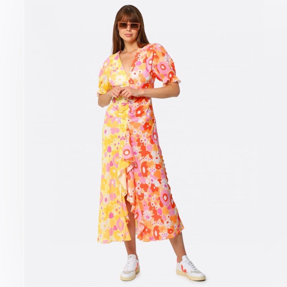 Rixo orange yellow floral ruffled Ariel colorblock maxi dress gown size 8
